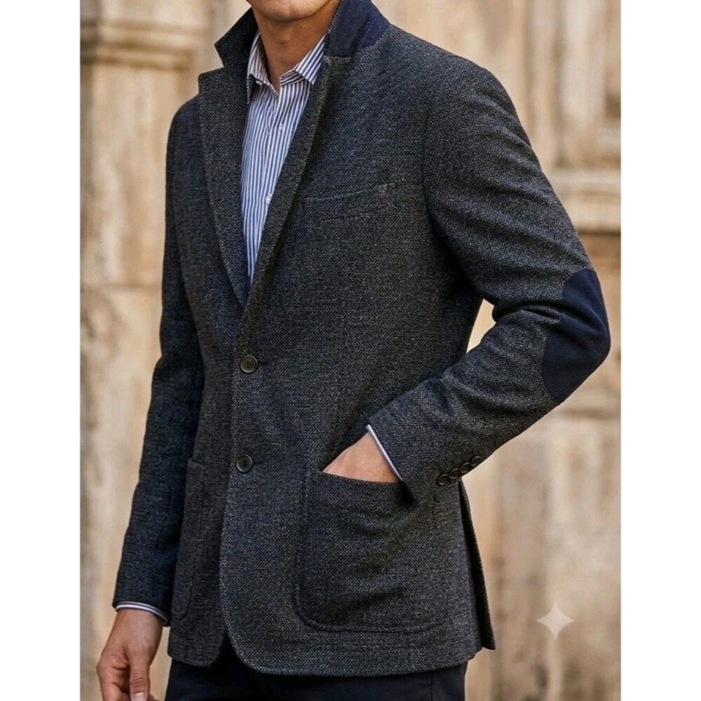Banana Republic Heritage 42R Italian Fabric Wool Knit Blazer Navy Elbow Patch